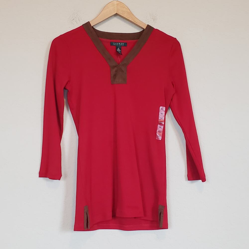 Lauren Ralph Lauren Red V-Neck Top with Brown Faux Suede Trim Women's X Small